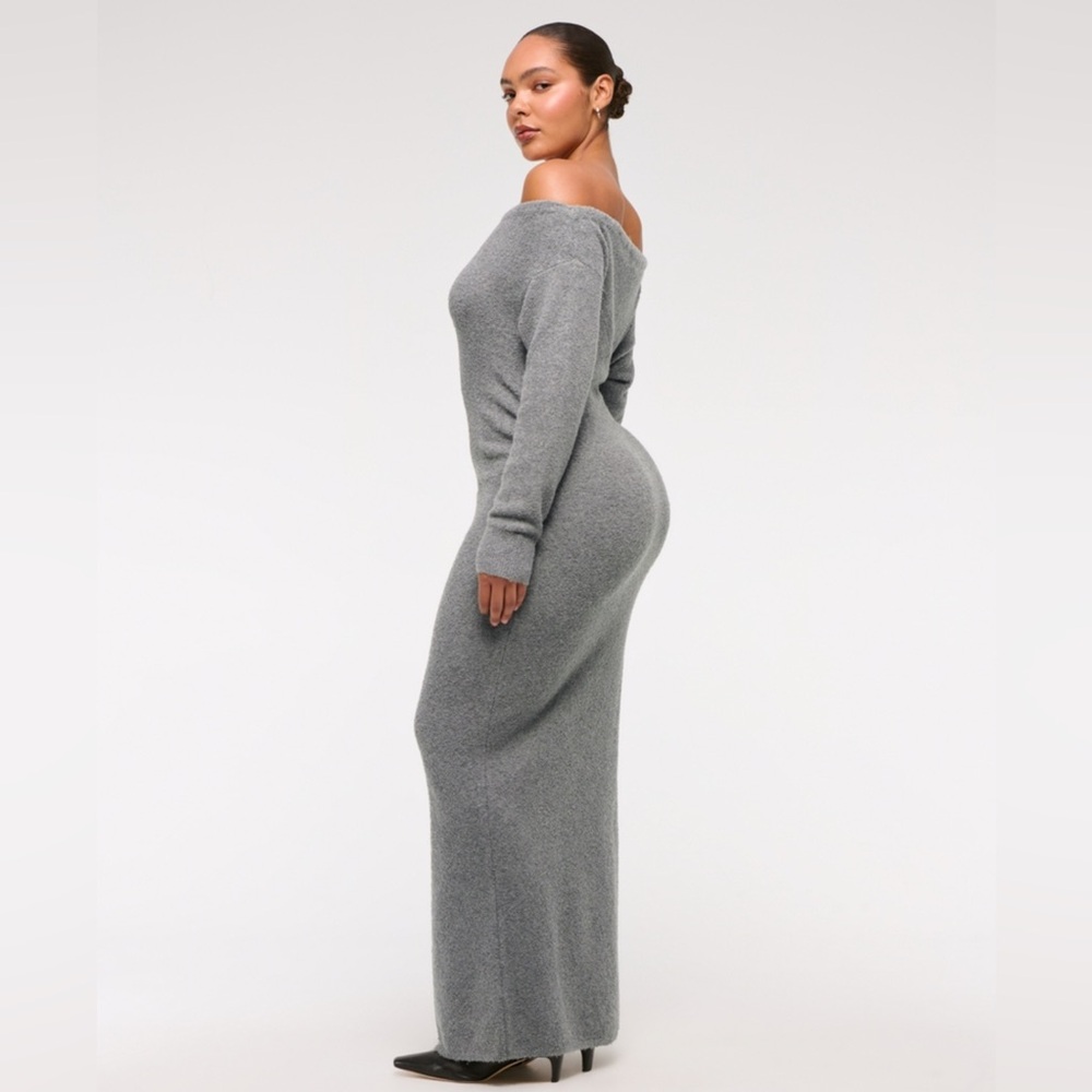 Abercrombie & Fitch Off-The-Shoulder Boucle Maxi Sweater Dress Grey Sz Med Tall
